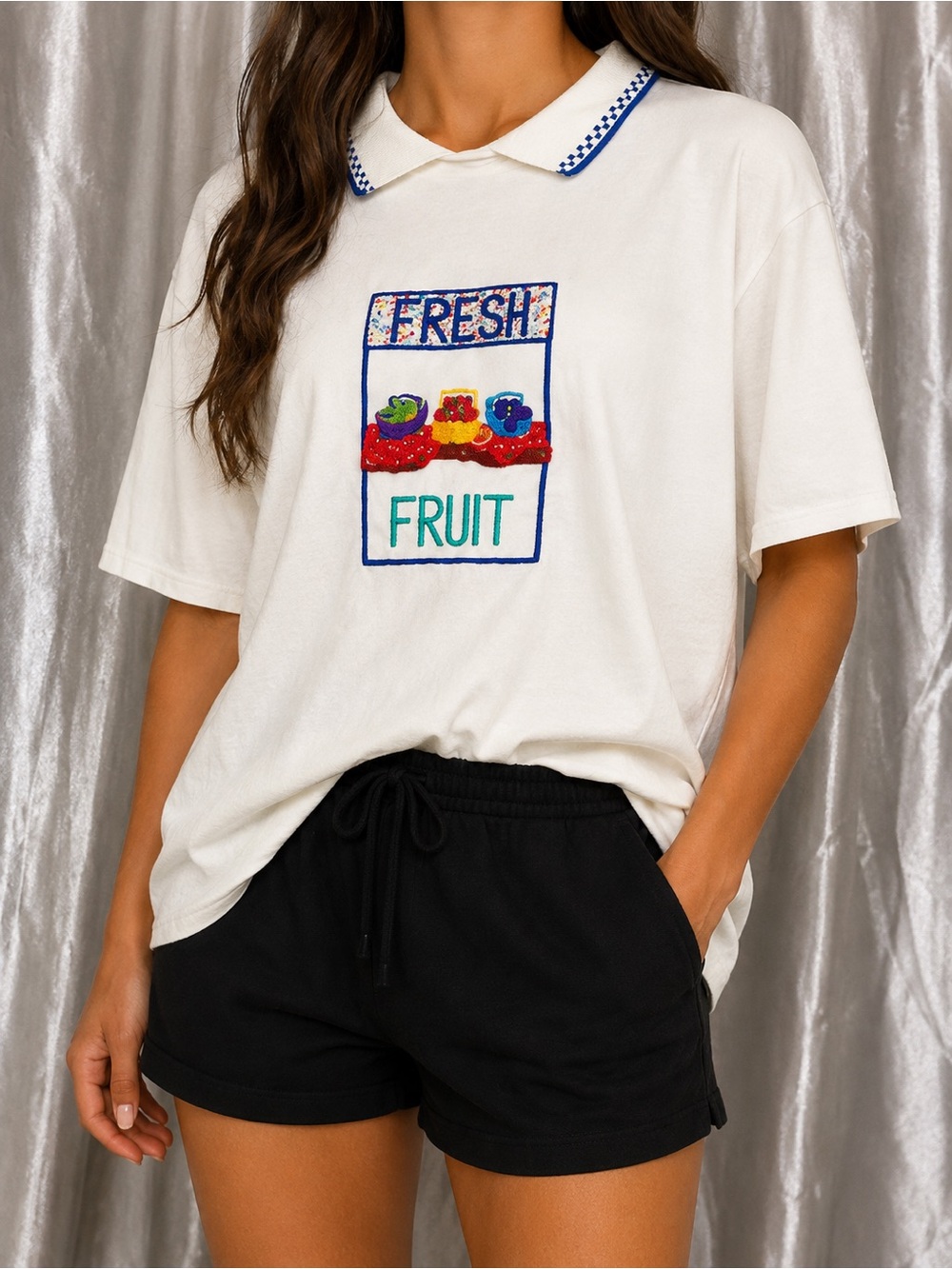 Vintage Karen Scott Fresh Fruit Polo Shirt Womens Petites L White Embroidered